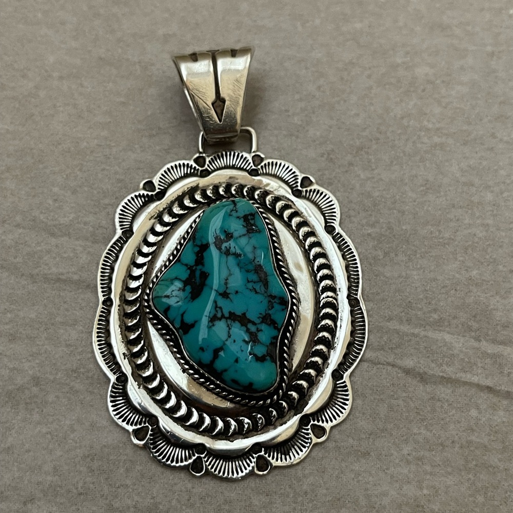 Authentic Navajo Sterling Silver Large Pendant with Turquoise by Sunshine Reeves